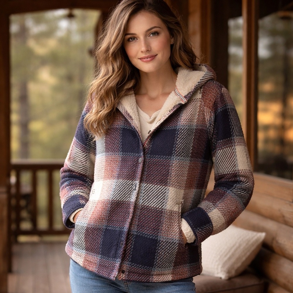 Herringbone Sherpa Lined Plaid Jacket S Fair Trade Organic  Cotton‎ Hooded NWOT